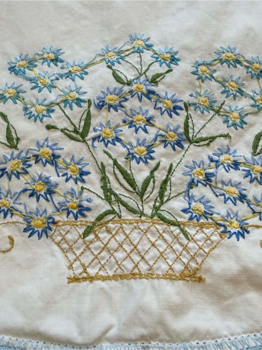 VTG Pair Embroidered Pillowcases Blue Flower Basket Cottagecore Crochet Edge - Picture 5 of 15